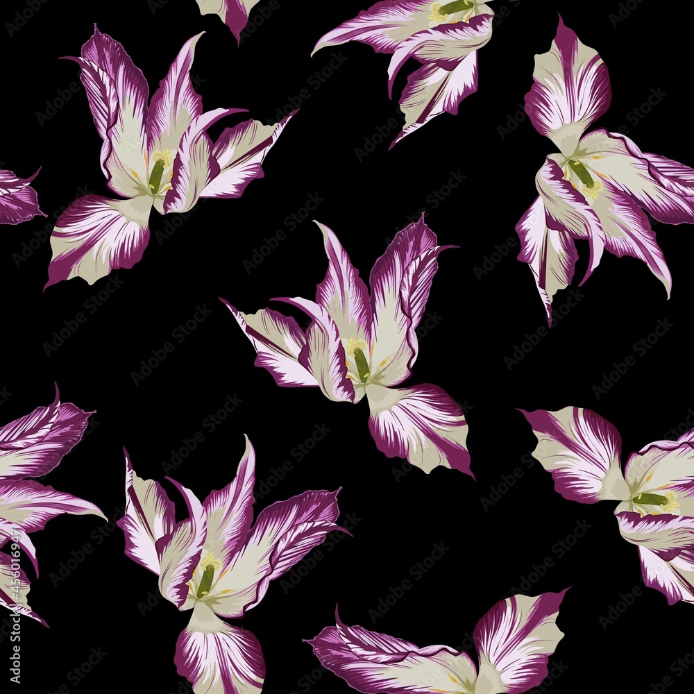 Vintage floral seamless background pattern. Beauty tulips flower on dark background. 