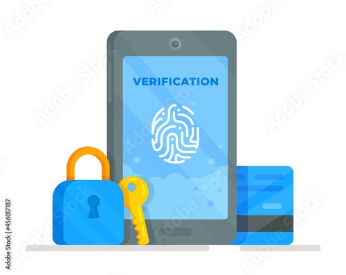 Vector illustration authentication password secure notification login verification. Card protection, password, fingerprint. Phone with lock and card. 