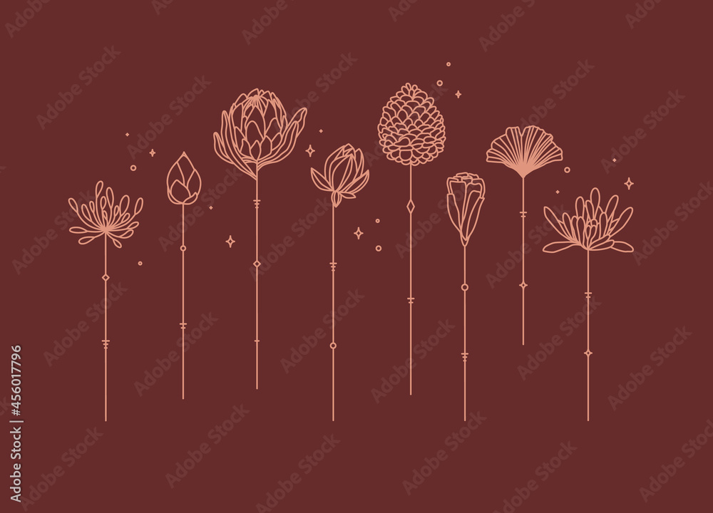 Flowers long stem drawing in art deco style on red background