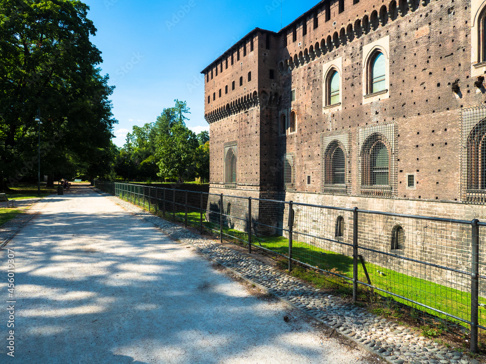 View of the Sforza castle, medieval fortress at Sempione park.Milan, Lombardy, Italy.