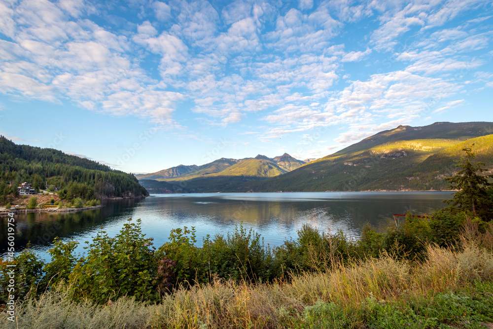 Kootenay Lake, Kaslo Bay and mountains in the rural village of Kaslo, British Columbia, Canada