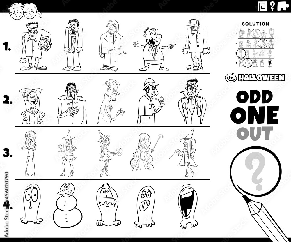 odd one out Halloween character picture coloring book page Stock Vector ...