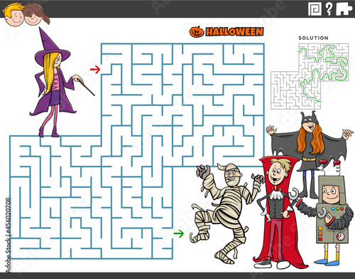 maze game with cartoon kids on Halloween time