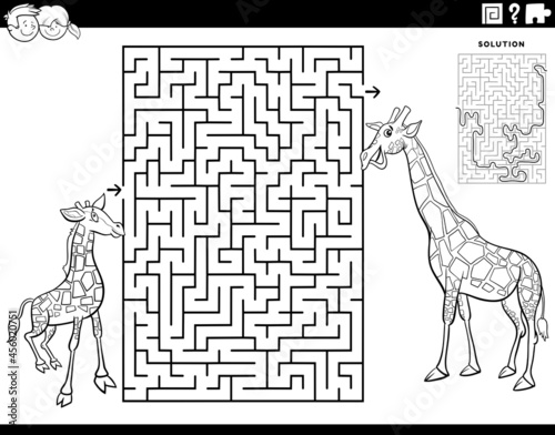 maze with baby giraffe with mom coloring book page