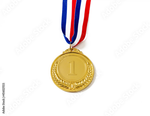Gold medal. Champion trophy award and ribbon. Prize in sport for winner isolated on white background