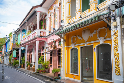 Travel landmark on summer trip famous location.Phuket old town Colorful buildings in Sino Portuguese style photo
