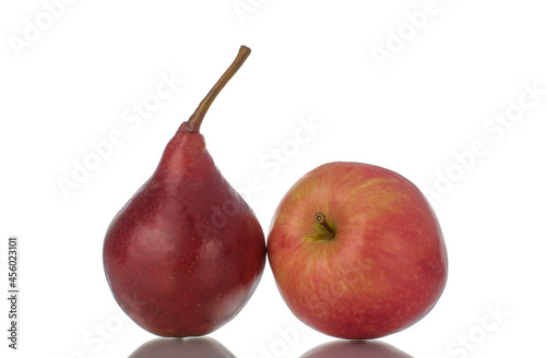One red pear and apple, close-up, isolated on white.