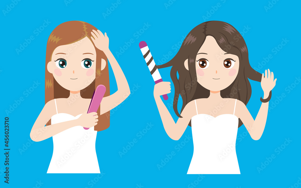 Illustration of a Girl Using a Hair Straightener and Curling Iron Illustration of a Girl Using a Hair Straightener and Curling Iron