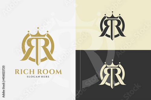 vector logotype letter R with crown graphic logo design template. rich room poker logo design
