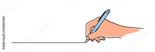 Hand holding ball pen and drawing a line, isolated on white background