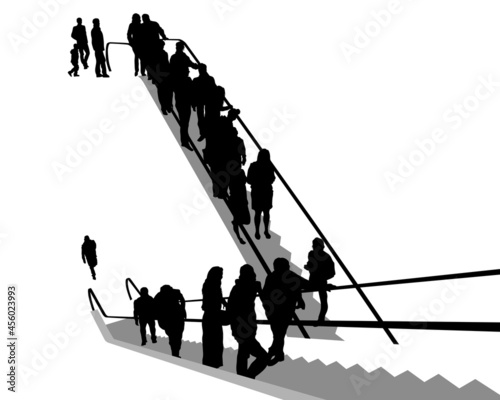 Crowds people on escalator. Isolated silhouette on a white background