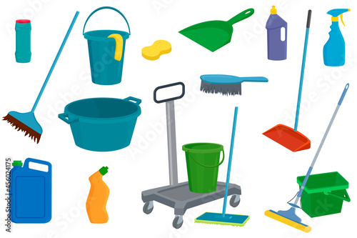 A set of tools and devices for cleaning.A set of plastic tools,scoops,brushes and buckets.Hand tools for cleaning.The illustration is isolated on a white background.