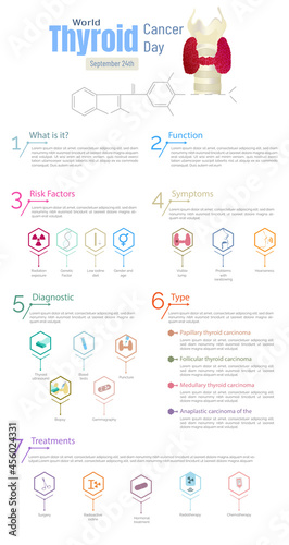 Infographic, what is, diagnosis and treatment of thyroid diseases.Thyroid medical concept.Flat vector illustration