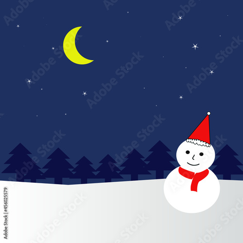 snowman and christmas tree in dark night and moon with copy space 