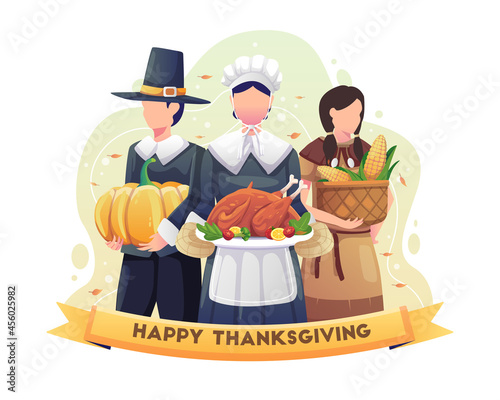 Two pilgrims and an Indian girl celebrate thanksgiving holding food. Flat vector illustration