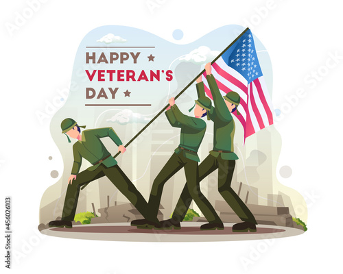 Happy Veteran's Day celebration with Soldiers is fighting to lift the USA flag on Veterans Day. Flat vector illustration