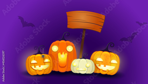 Halloween background with cartoon pumpkins and wooden board pointer. Funny pumpkins of different shapes on a purple background. Vector illustration