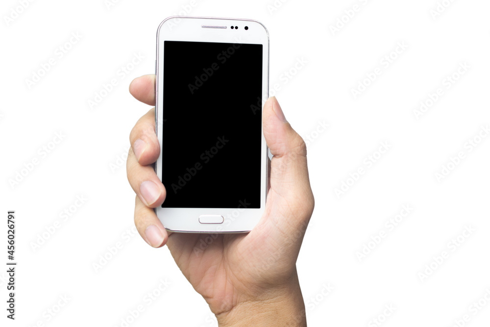 Man hand holding smartphone isolated on white background, clipping path