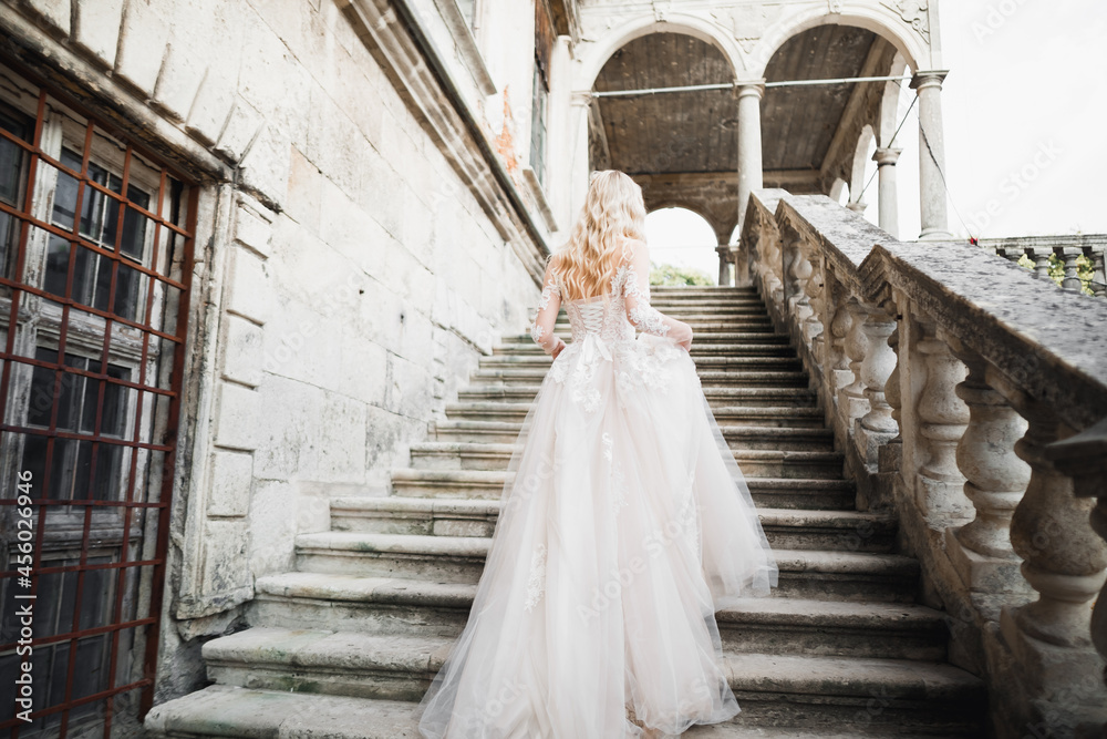 Beautiful brunette bride in elegant white dress holding bouquet posing near castle