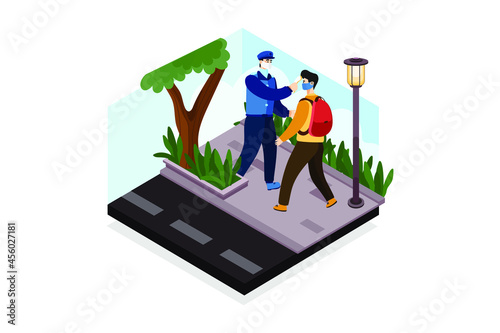 Police officer checking body temperate of people