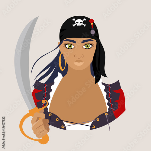 Avatar of a woman in a black bandana and a pirate costume with a saber in hand. Woman pirate. Flat vector illustration.