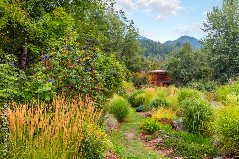 A remote log home with landscaped garden in the rural mountains of British Columbia, near Slocan Lake in New Denver, Canada. A remote log home with landscaped garden in the rural mountains of British Columbia, near Slocan Lake in New Denver, Canada.