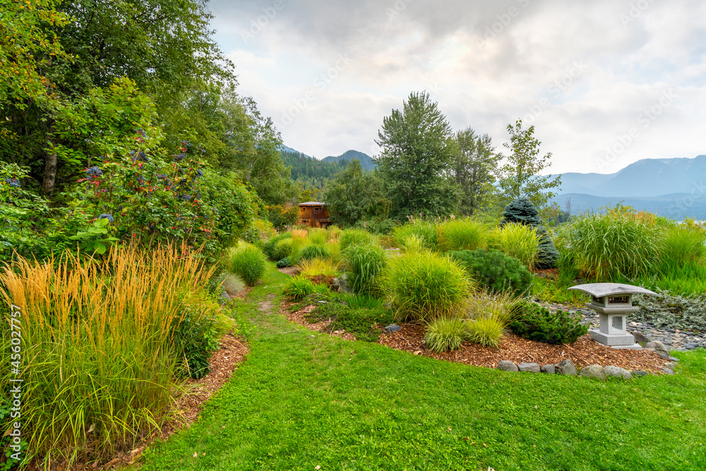 A Japanese garden near the Nikkei Internment Memorial Centre along the shores of Kootenay Lake in the town of New Denver, BC, Canada.