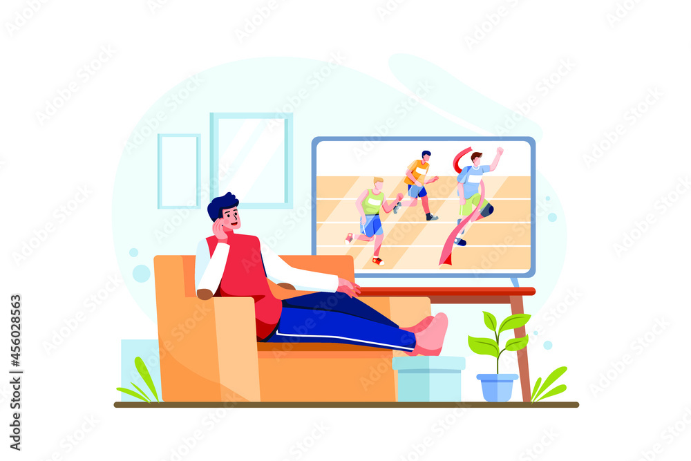 Man watching sports from streaming on TV Illustration concept. Flat illustration isolated on white background. Man watching sports from streaming on TV Illustration concept. Flat illustration isolated on white background.
