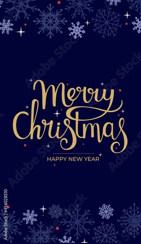 Christmas and New Year. Modern universal art templates. Christmas corporate greeting cards and invitations. Golden lettering on a dark blue background with snowflakes. © Anastasiya Shmakova