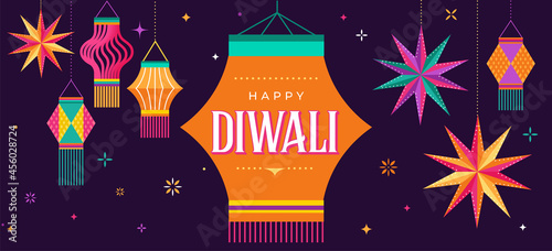 Happy Diwali Hindu festival banner, greeting card. Burning diya illustration, background for light festival of India