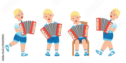 A collection of a boy in various poses with an accordion. Flat illustration. Vector. Cartoon illustration. Can be used for collage in web design.