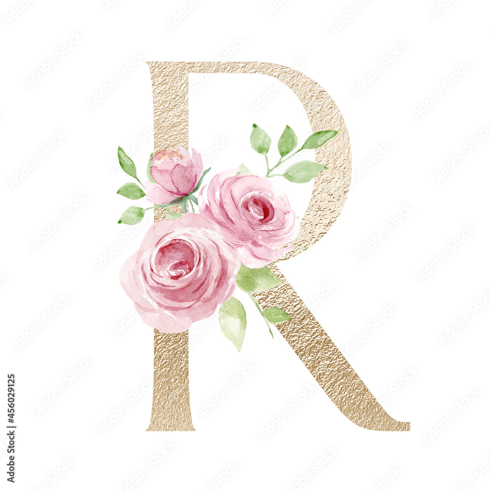 Floral alphabet, letter R with watercolor flowers and leaf. Gold ...