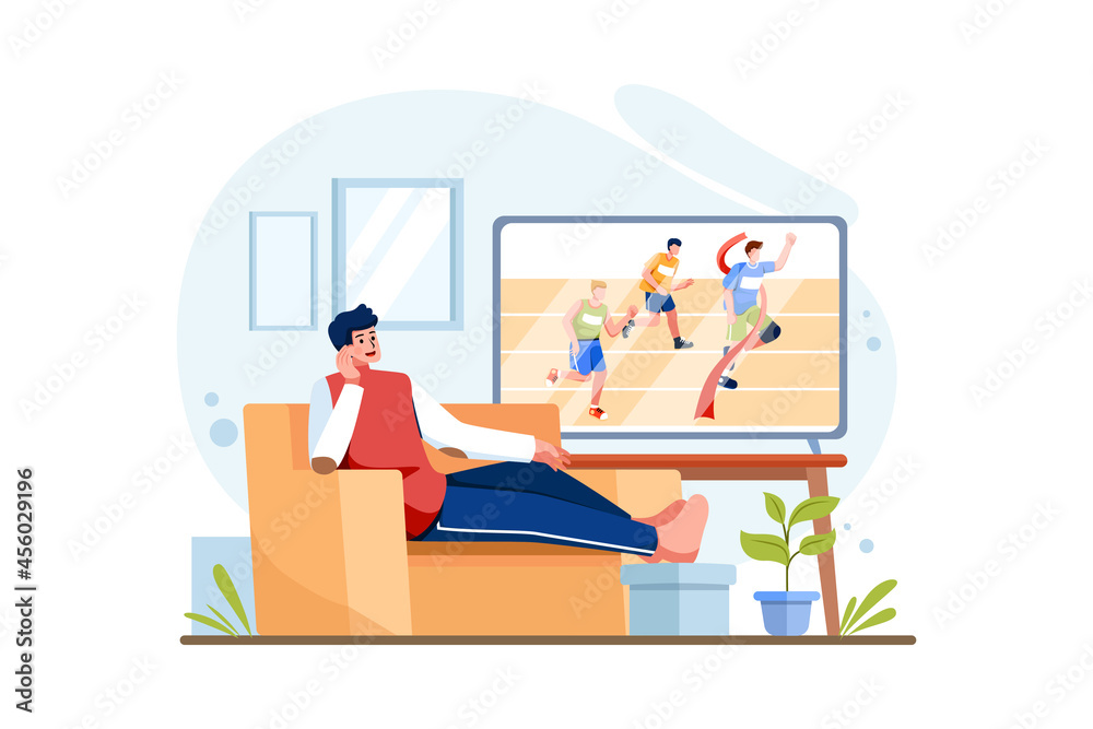 Man watching sports from streaming on TV Illustration concept. Flat illustration isolated on white background. Man watching sports from streaming on TV Illustration concept. Flat illustration isolated on white background.