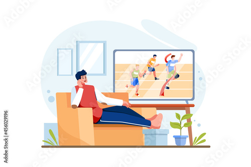 Man watching sports from streaming on TV Illustration concept. Flat illustration isolated on white background.