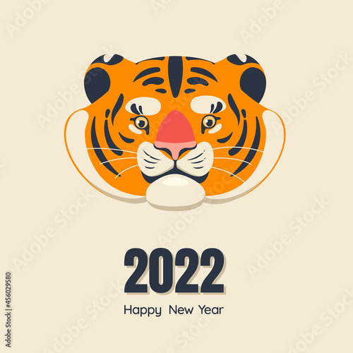 Cute cartoon tiger head and happy New Year greeting. Template for card, flyer or poster. Chinese New Year 2022. Vector illustration in flat style  © Sabina Schaaf