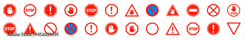Red STOP sign.Set of prohibition sign.Stop symbol.Stop set vector sign with hand. Hand forbidden vector sign.Vector Stop hand sign. photo