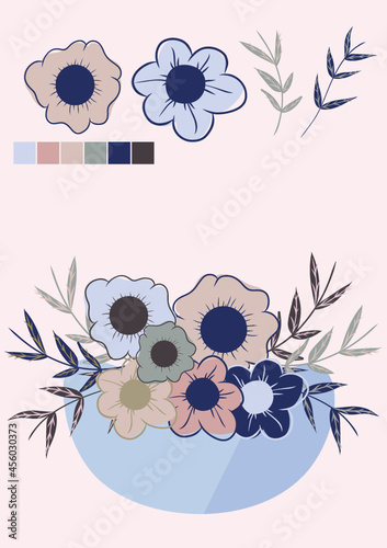 ilustración vectorial de jarrón de flores en tonos fríos, con paleta de colores