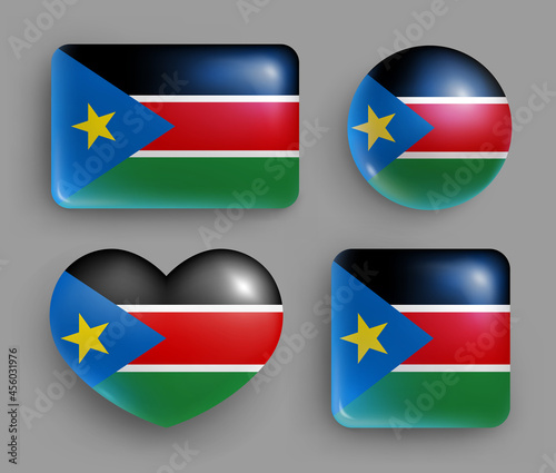 Free Download Glossy buttons with South Sudan country flag set. African republic national flag, shiny geometric shape badges. South Sudan symbols in patriotic colors realistic vector illustration - GFXLoad