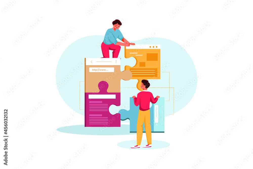 Web developer linking websites for better SEO traffic Illustration concept. Flat illustration isolated on white background. Web developer linking websites for better SEO traffic Illustration concept. Flat illustration isolated on white background.