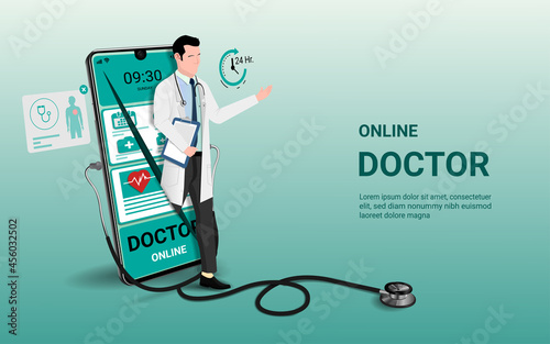 Online doctor and online tele medicine with male therapist on mobile phone. Online healthcare service, Medical consultation and treatment, Ask doctor. Digital health concept. 3D vector