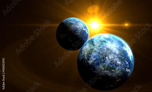 Orange sunrise on the two earth rotate in space with star in universe. World realistic atmosphere 3D volumetric clouds texture surface.  Elements of this image are furnished by NASA