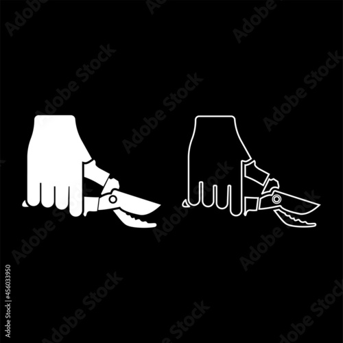 Secateur in hand garden pruner pruning shears Clippers Hand scissors Manual cutting use tool icon white color vector illustration flat style image set