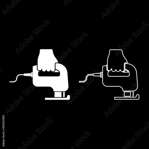 Electric fretsaw Tool Hand jig saw in use Arm icon white color vector illustration flat style image set