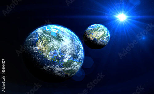Blue sunrise on the two earth rotate in space with star in universe. World realistic atmosphere 3D volumetric clouds texture surface. Elements of this image are furnished by NASA