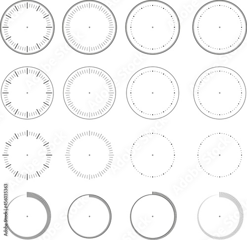 Round clock faces. Vintage watch , stopwatch and 12-hour round dial. Deadline stopwatch dial, countdown. Collection of isolated vector symbols on a white background