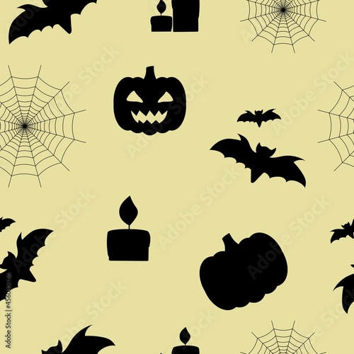 Seamless pattern with pumpkins and bats silhouettes. Vector illustration good for prints, wrapping paper, fabrics, textile designs.