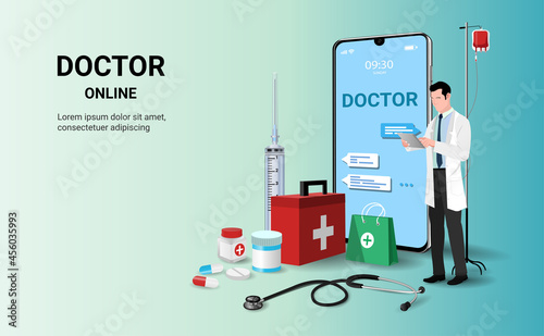 Online consultation doctor concept, online tele medicine and healthcare application for website. medical consultation, Online diagnostics, Ask a doctor, Online doctor concept. 3D vector