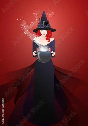 Beautiful witch wearing hat and black dress holding a magic cauldron casting a spell.