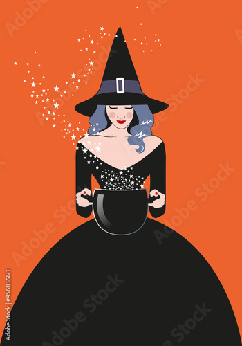 Beautiful witch wearing hat and black dress holding a magic cauldron casting a spell.