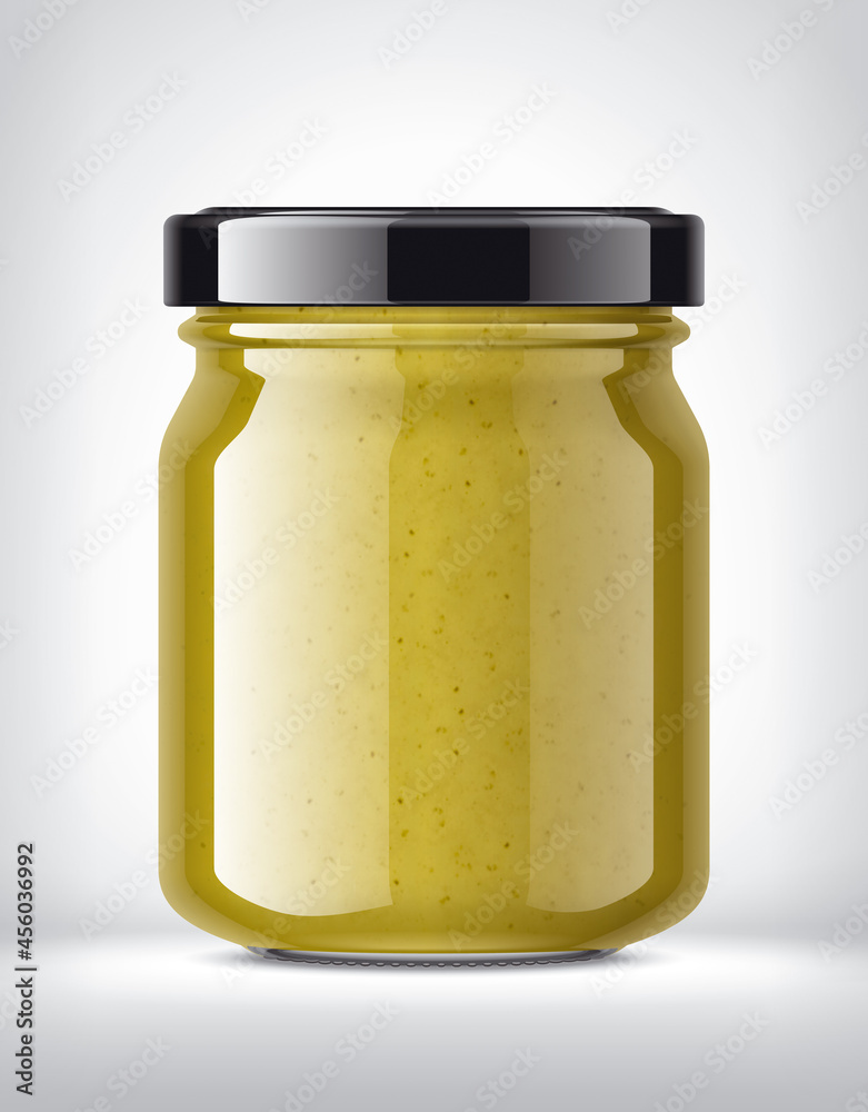 Glass Jar with Mustard on Background. Glass Jar with Mustard on Background.